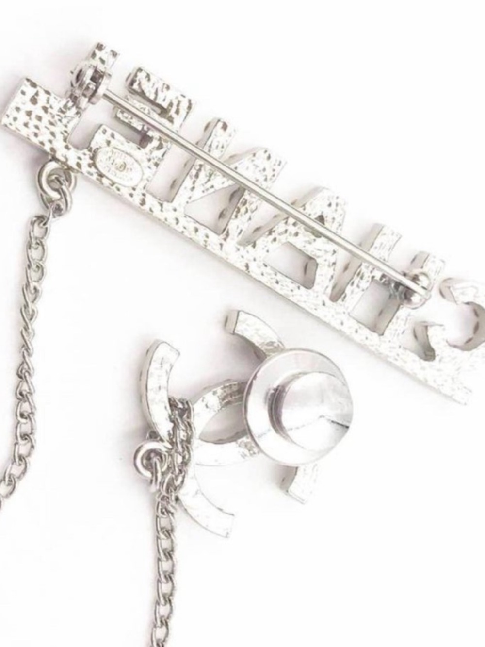 CHANEL Silver Double Logo Chain Brooch / Pin EUC - Picture 3 of 4